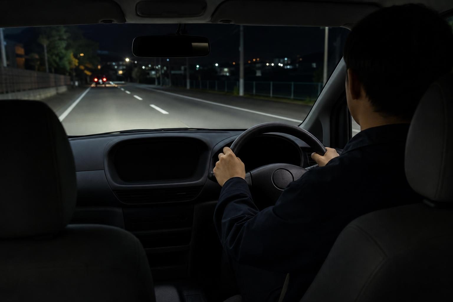 夜の道路を走る車の運転席を斜め後ろから見た、ハンドルを握る運転者の後ろ姿と前方の道路のイメージ