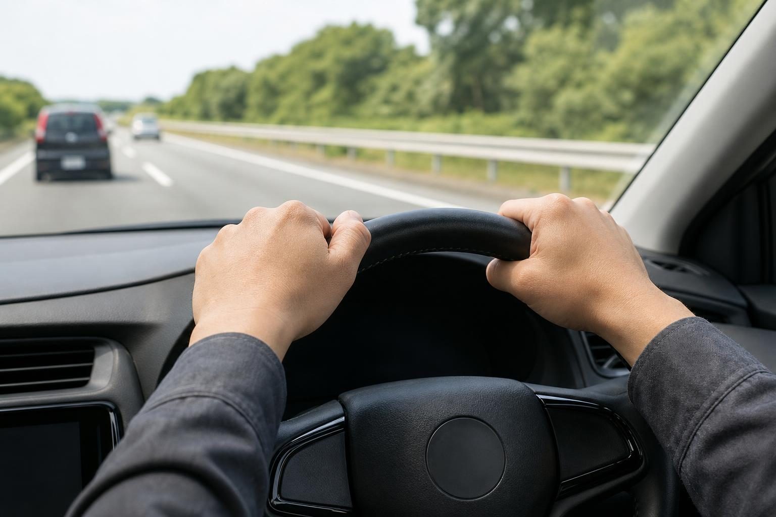 運転席のハンドルを握る両手の手元と、その先に見える前方の道路のイメージ