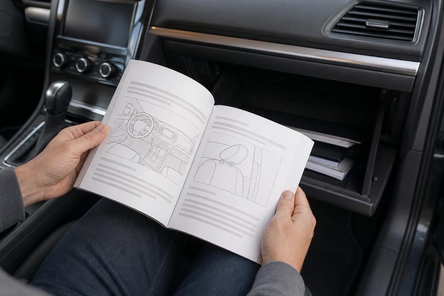 車内で取扱説明書の冊子を開いて確認している手元のイメージ