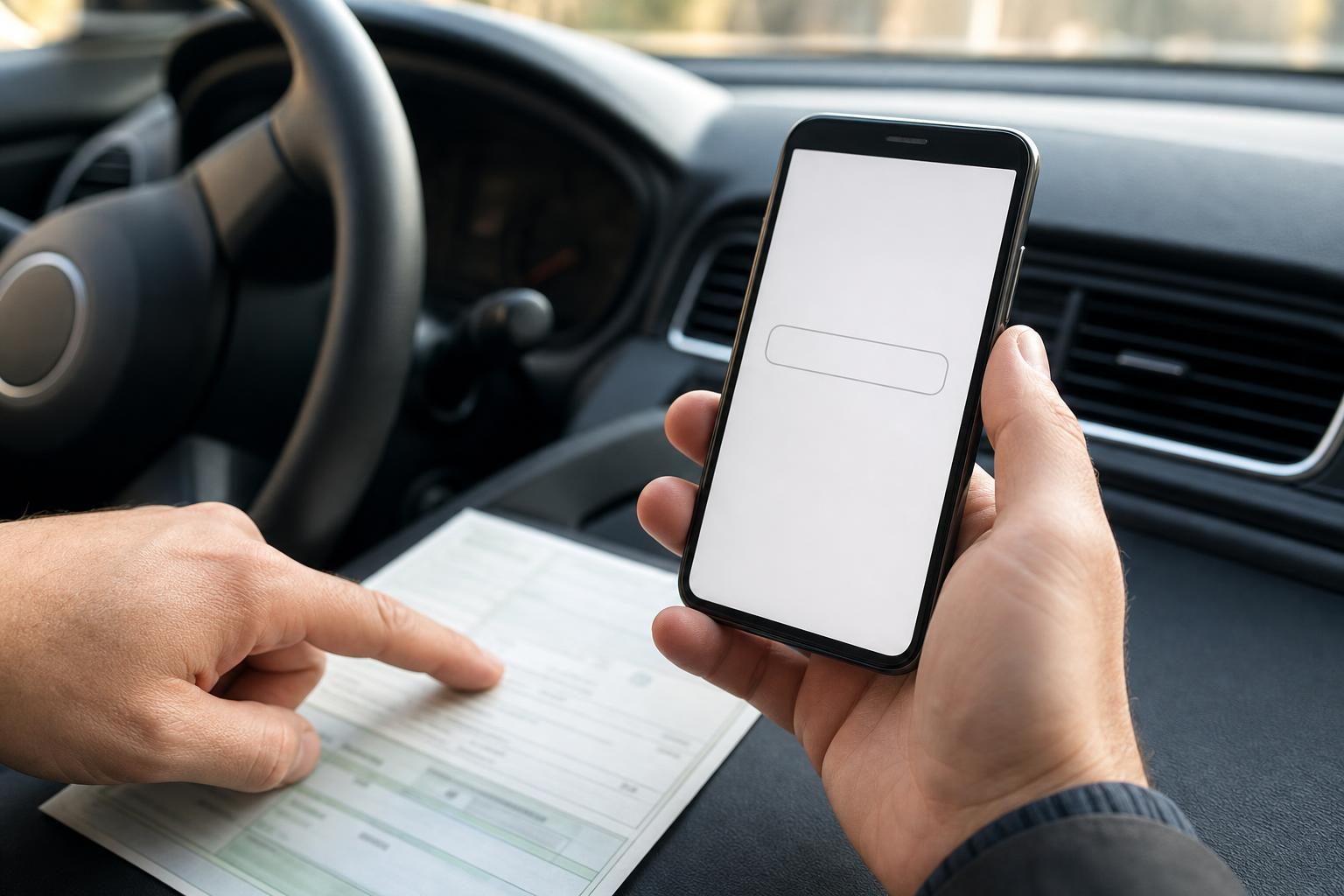 車検証の車台番号欄を指で示し、スマートフォンのメーカー検索画面に入力しようとしている手元
