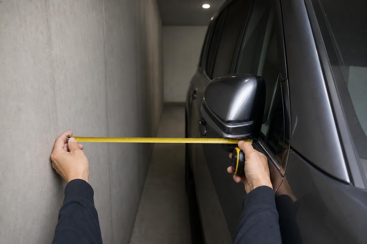 自宅の車庫で大型SUVの車幅と壁の余裕をメジャーで測っている様子