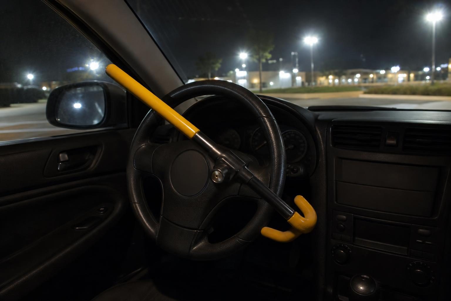 夜の駐車場でハンドルロックを付けた車の運転席まわり