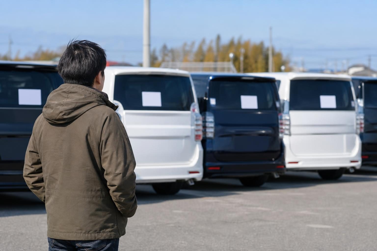 中古車販売店の店頭で、並んだ大型ミニバンのプライスボードを見比べる人の後ろ姿