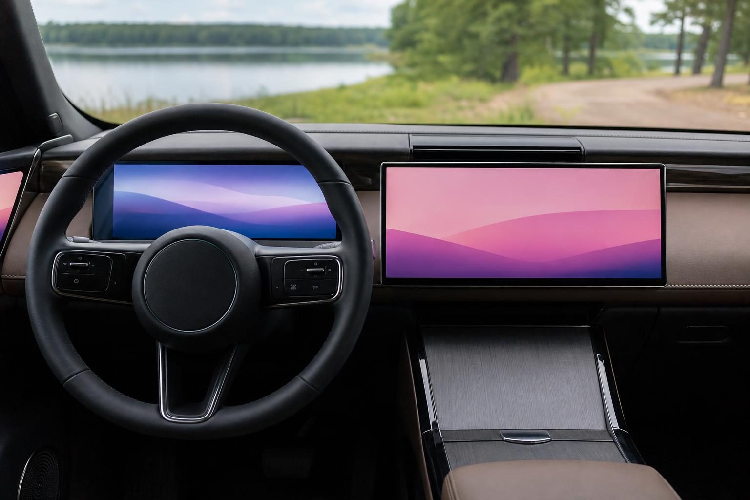 SUVの運転席からセンターディスプレイとメーターを見た様子