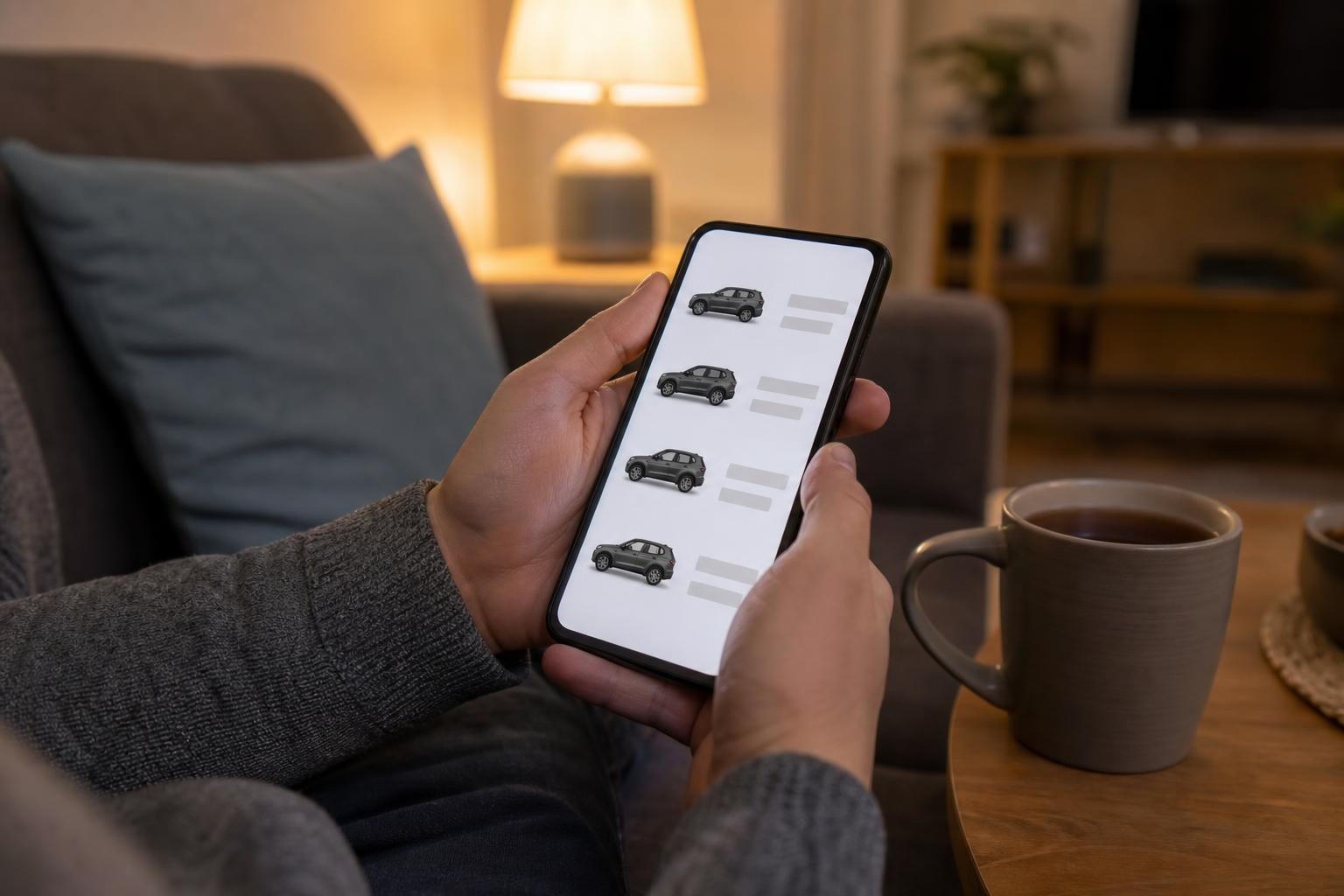 新車の納期を確かめるため、スマートフォンでメーカーの一覧表を見ている人の手元