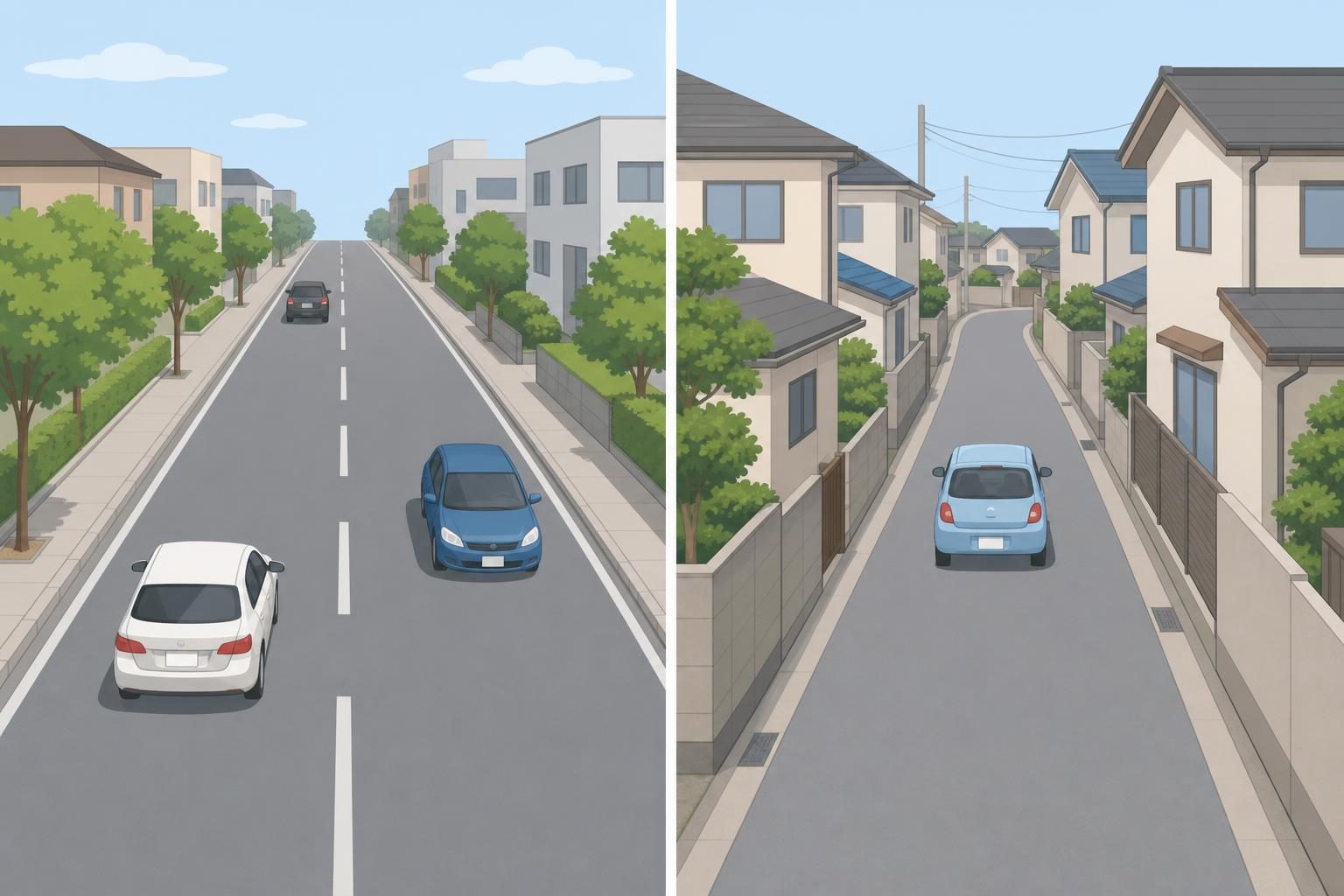 中央線のある道路と、中央線のない細い道路を左右に並べた比較図