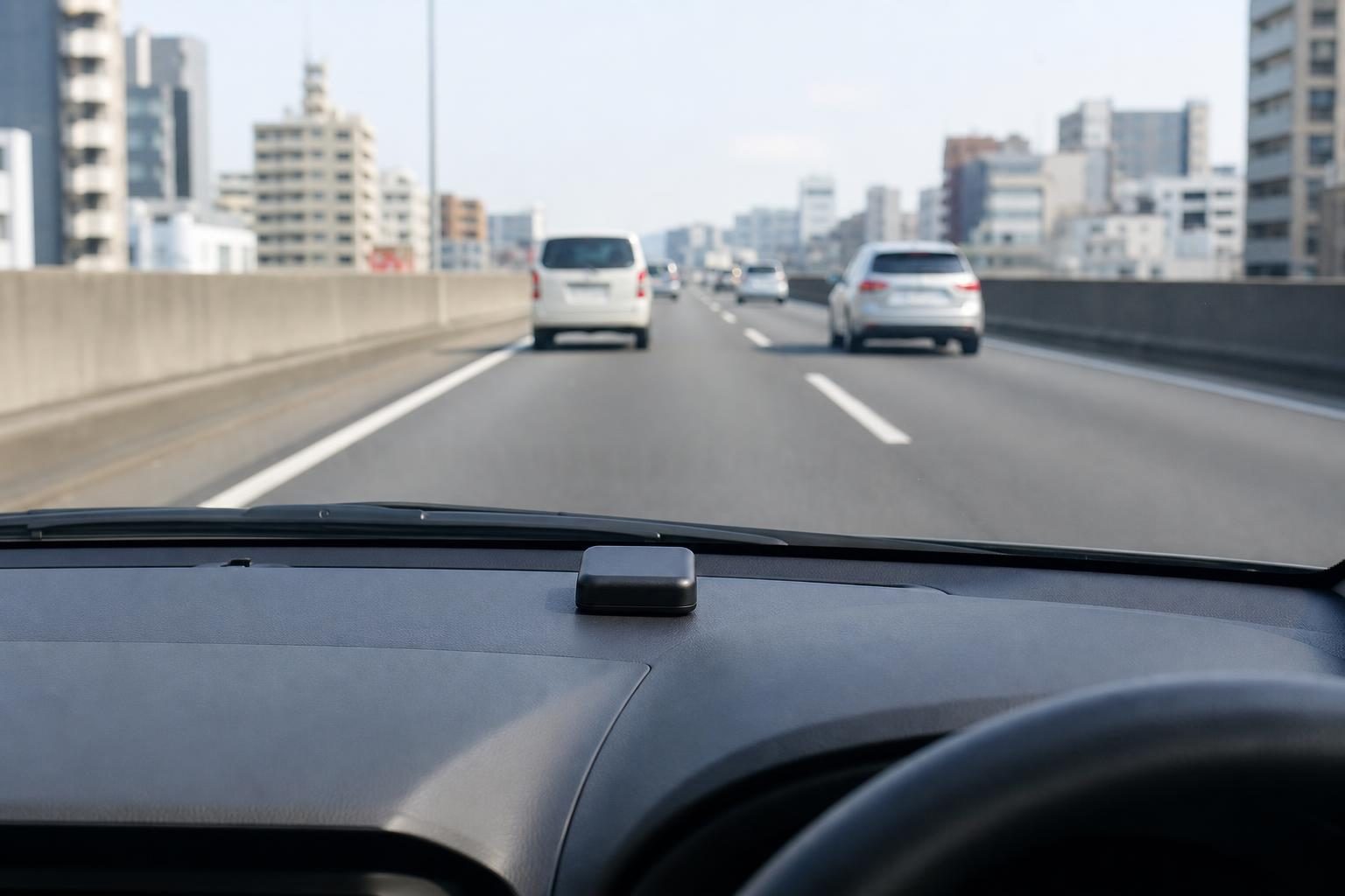 高速道路を走る車内から見た前方の車線と、ダッシュボードの車載器のイメージ