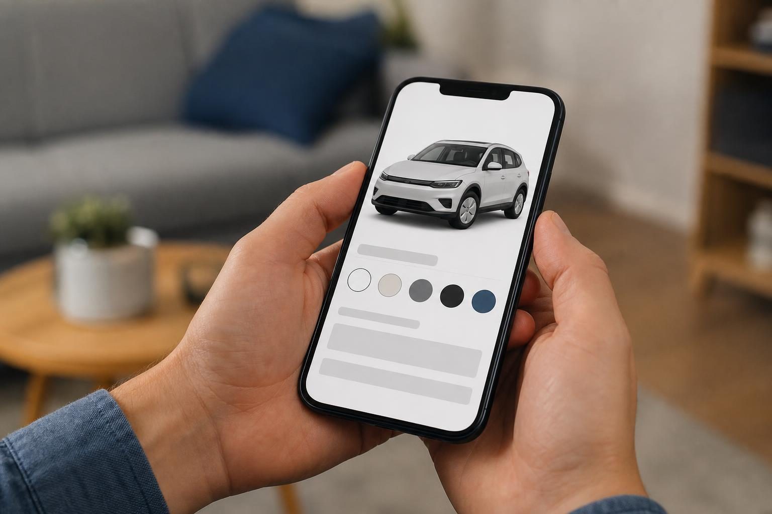 スマートフォンで車の見積もり画面を操作している手元のイメージ（画面の文字は読めないようにする）