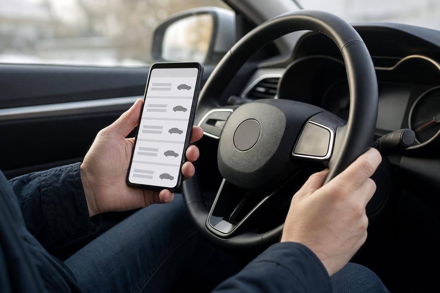 新車の納期を確かめるため、スマートフォンでメーカーの一覧表を見ている人の手元