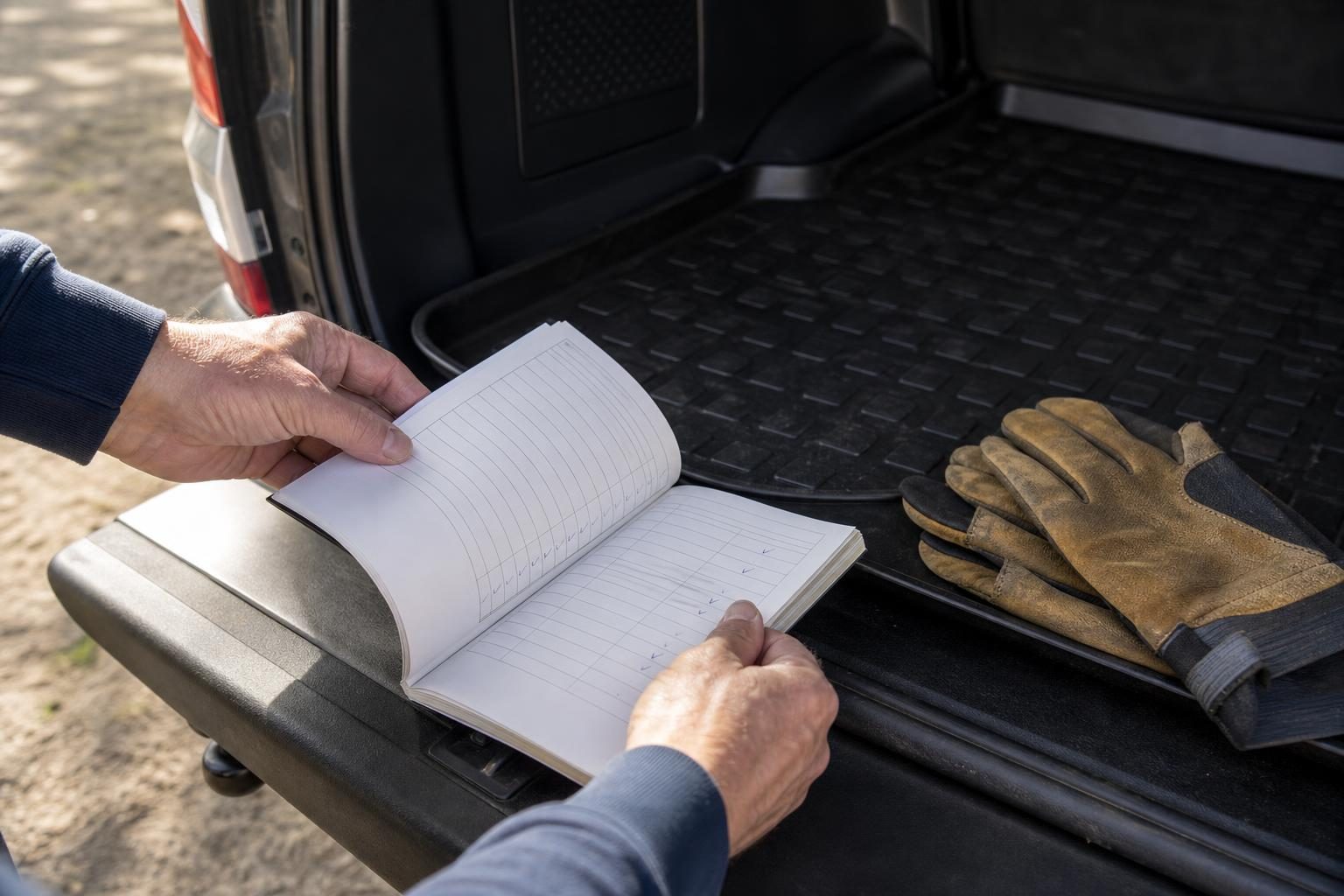 車の荷室の縁で、点検整備の記録簿(白紙の表)をめくる手元と作業手袋