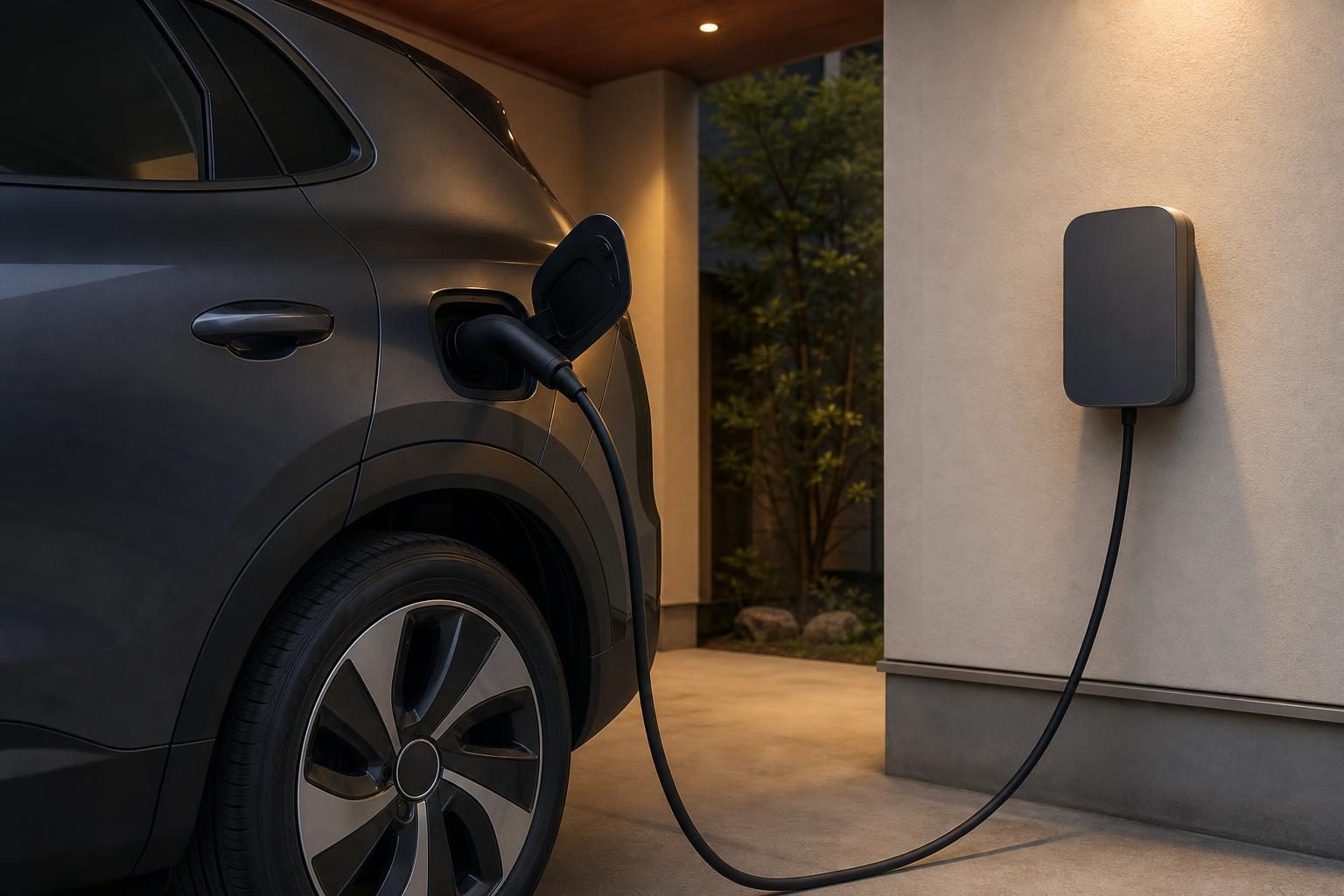 自宅のカーポートで、SUVの充電口に普通充電ケーブルをつないでいる様子