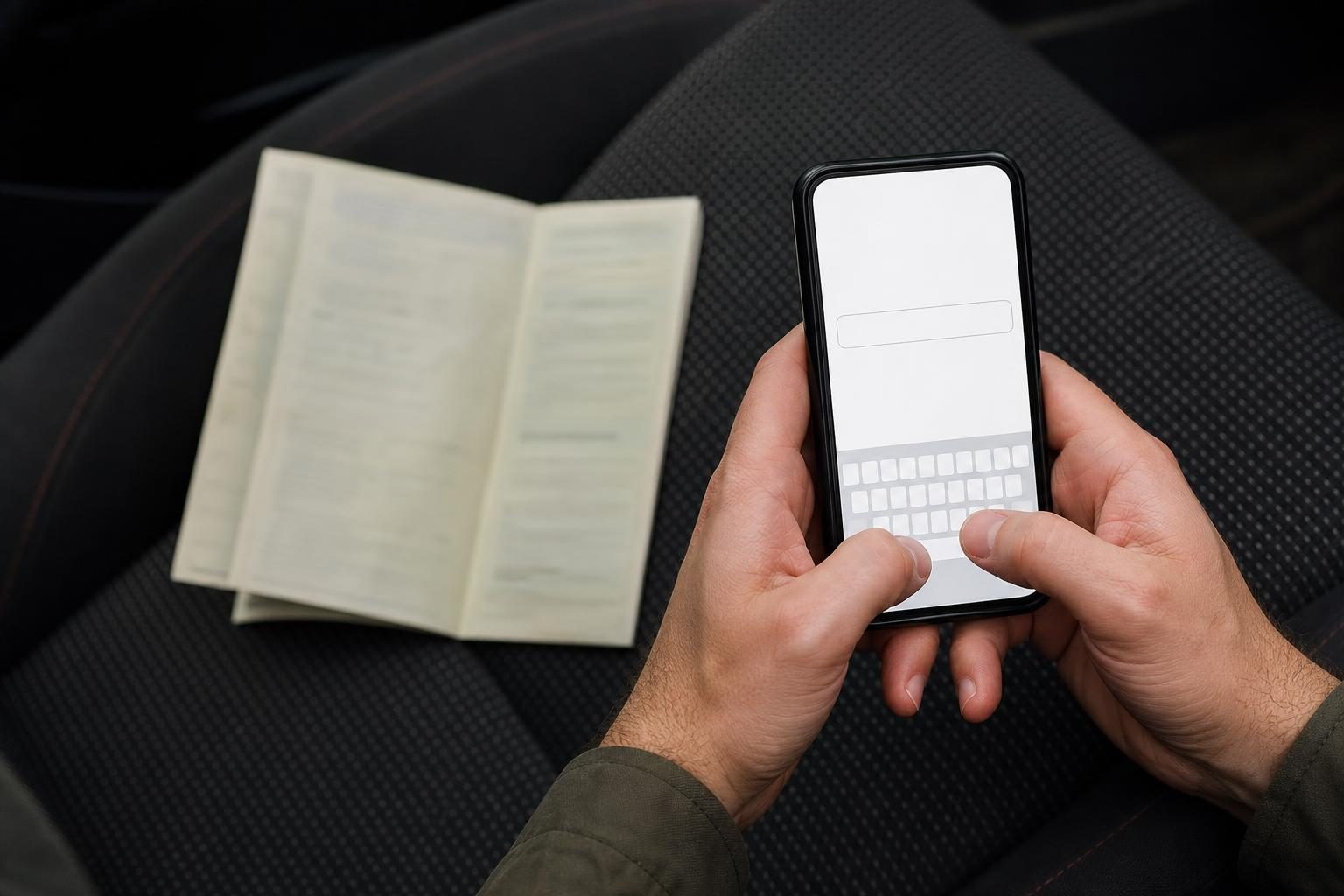 車検証を手元に置き、スマートフォンで車台番号を入力しようとしている手元