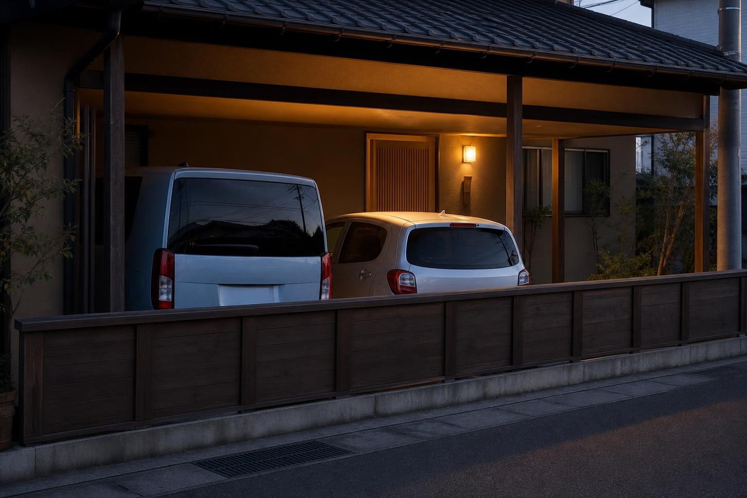 住宅のカーポートに並んで停まる軽自動車と乗用車を塀越しに後ろから見たところ