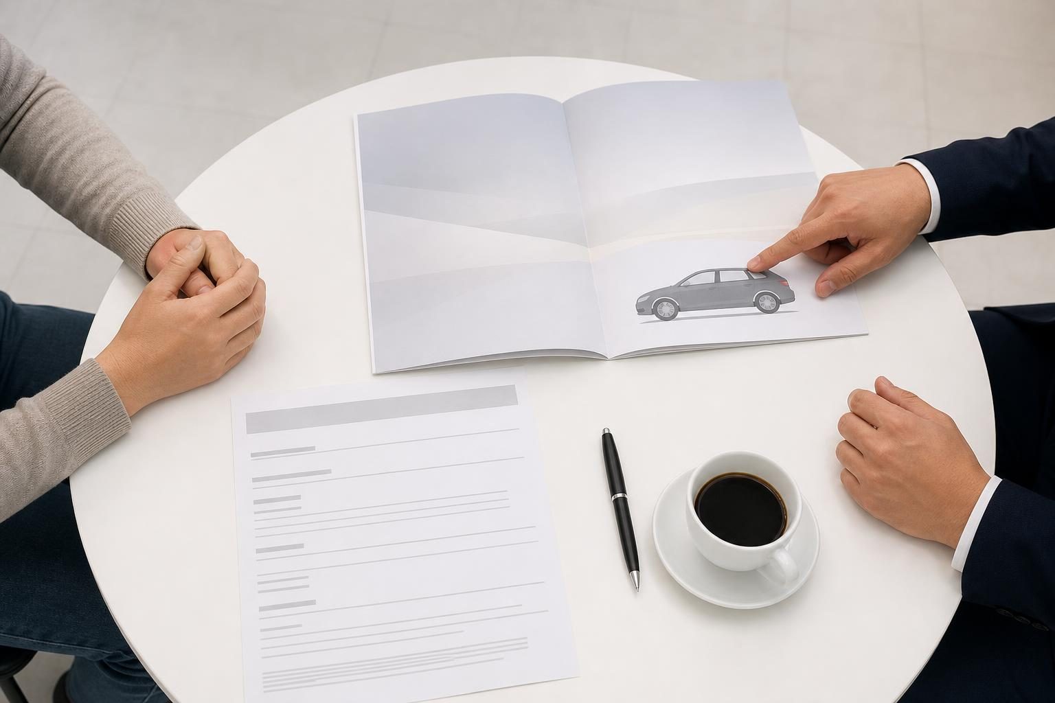 商談テーブルで、車のシルエットが載ったカタログを指さす手元と見積書・コーヒー