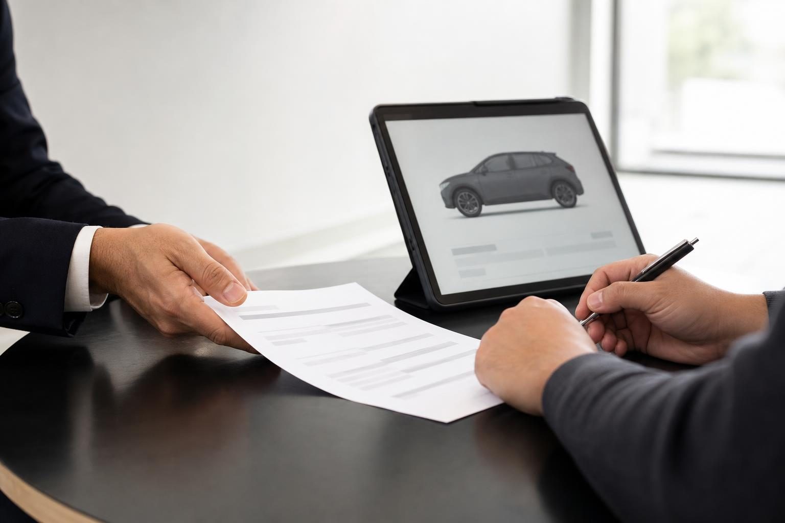 商談テーブルで、白紙の見積書を渡す手とペンを持つ手元、タブレットに車の画像