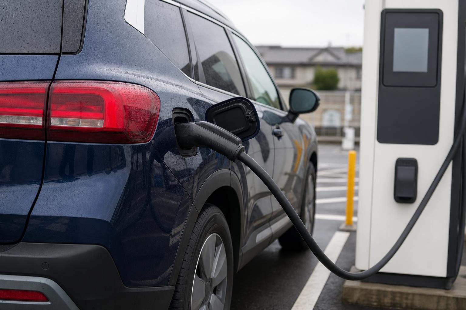 駐車場の急速充電器につないで充電中の濃紺のSUVを斜め後ろから見たところ