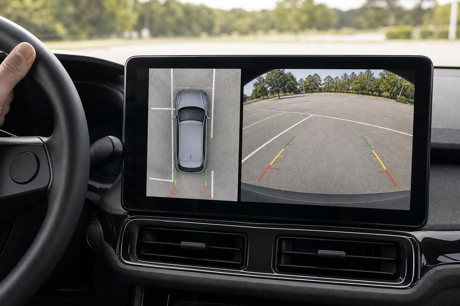 車内のセンターディスプレイに、車の周りを真上から見た映像と後方カメラの映像が並んで映っているところ