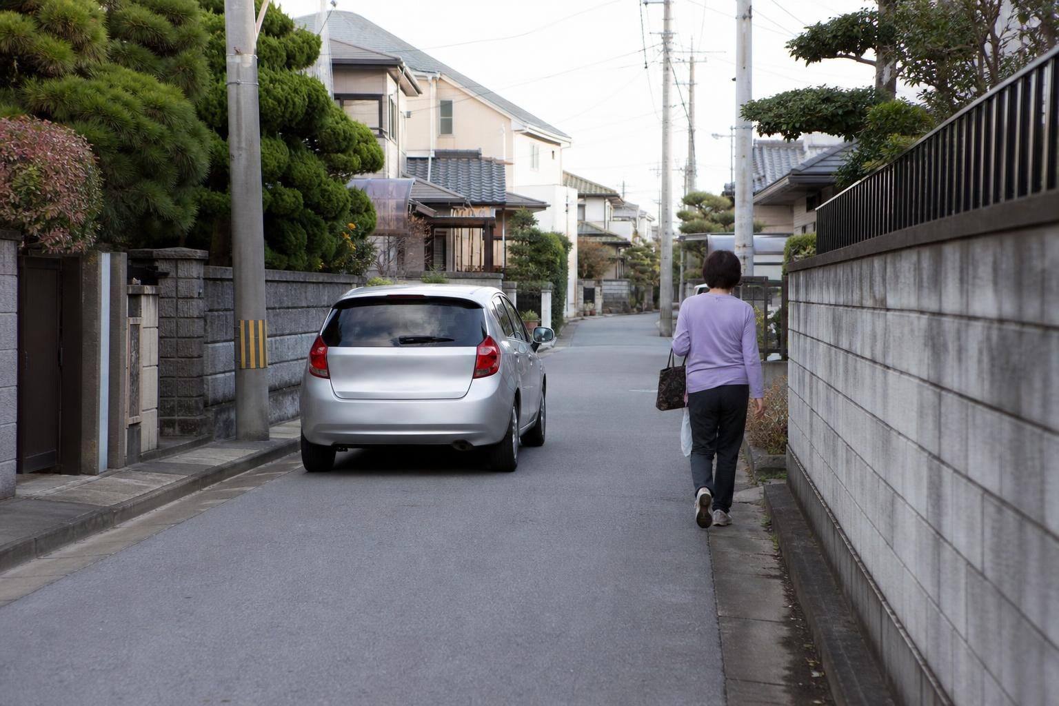 住宅街の細い道をゆっくり走る銀色のコンパクトカーを後ろから見たところ