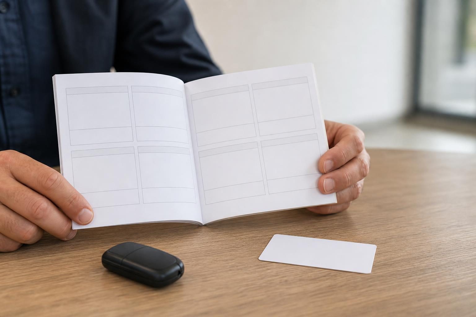 白紙の点検記録簿と保証書のカード、車のキーを手に取って確かめる手元