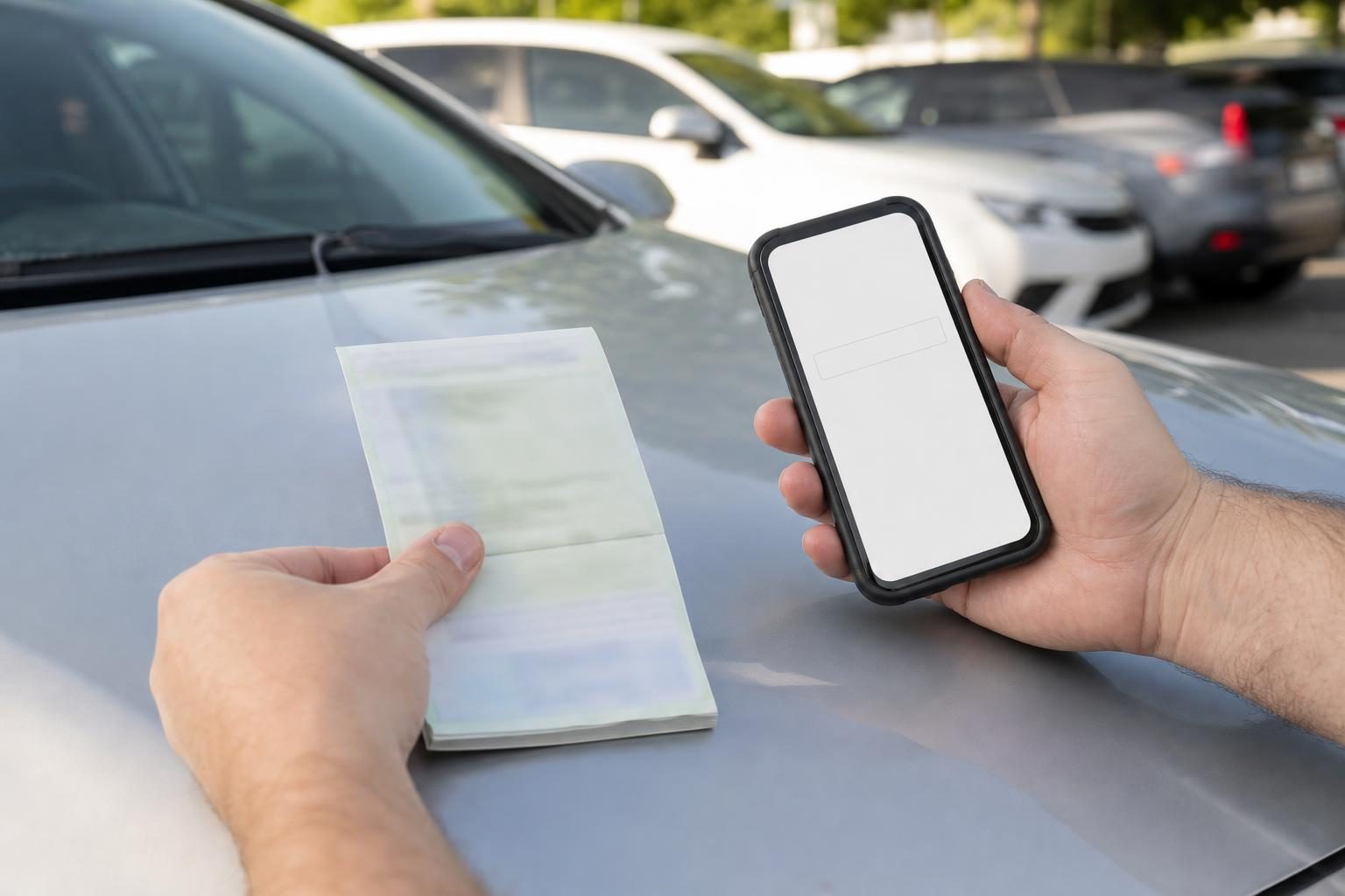 車のボンネットの上で車検証を広げ、スマートフォンで車台番号を確かめる手元