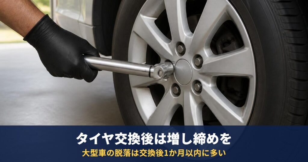 タイヤ交換後の増し締めと車輪脱落｜大型車は5割以上がタイヤ脱着後1か月以内(国交省)