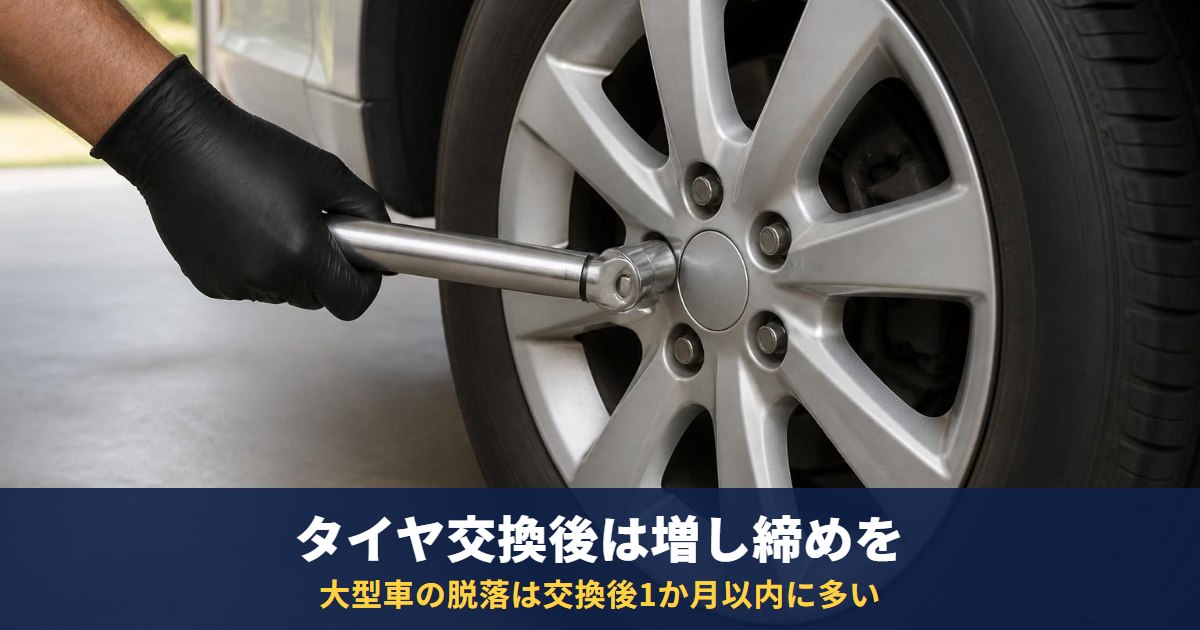 タイヤ交換後の増し締めと車輪脱落｜大型車は5割以上がタイヤ脱着後1か月以内(国交省)